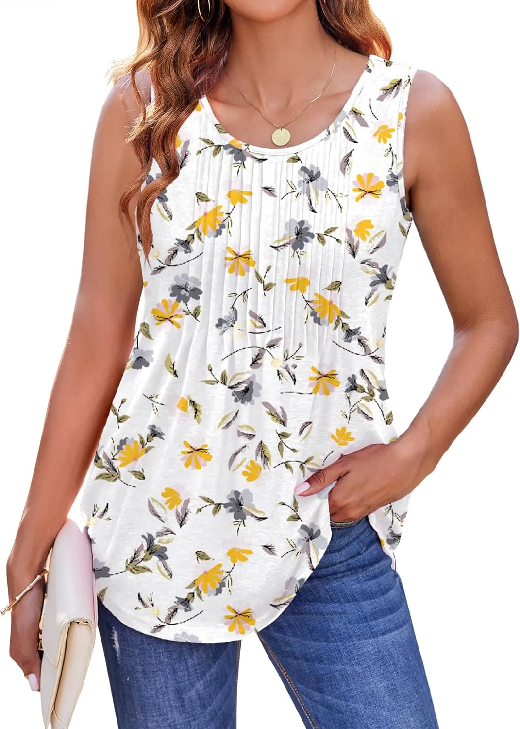Zeagoo Women's Tank Tops Pleated Floral Flowy Boho Tunic Shirts